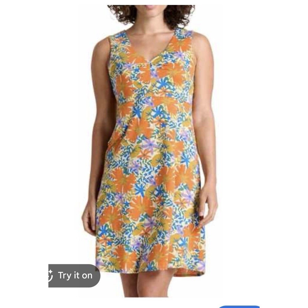 Toad&Co Rosemarie Dress Large Women’s Blue Orange Floral Boho Summer Vacation
